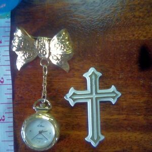 Gold Bow Charm Bracelet Accent with Cross and Watch Detail - Gold